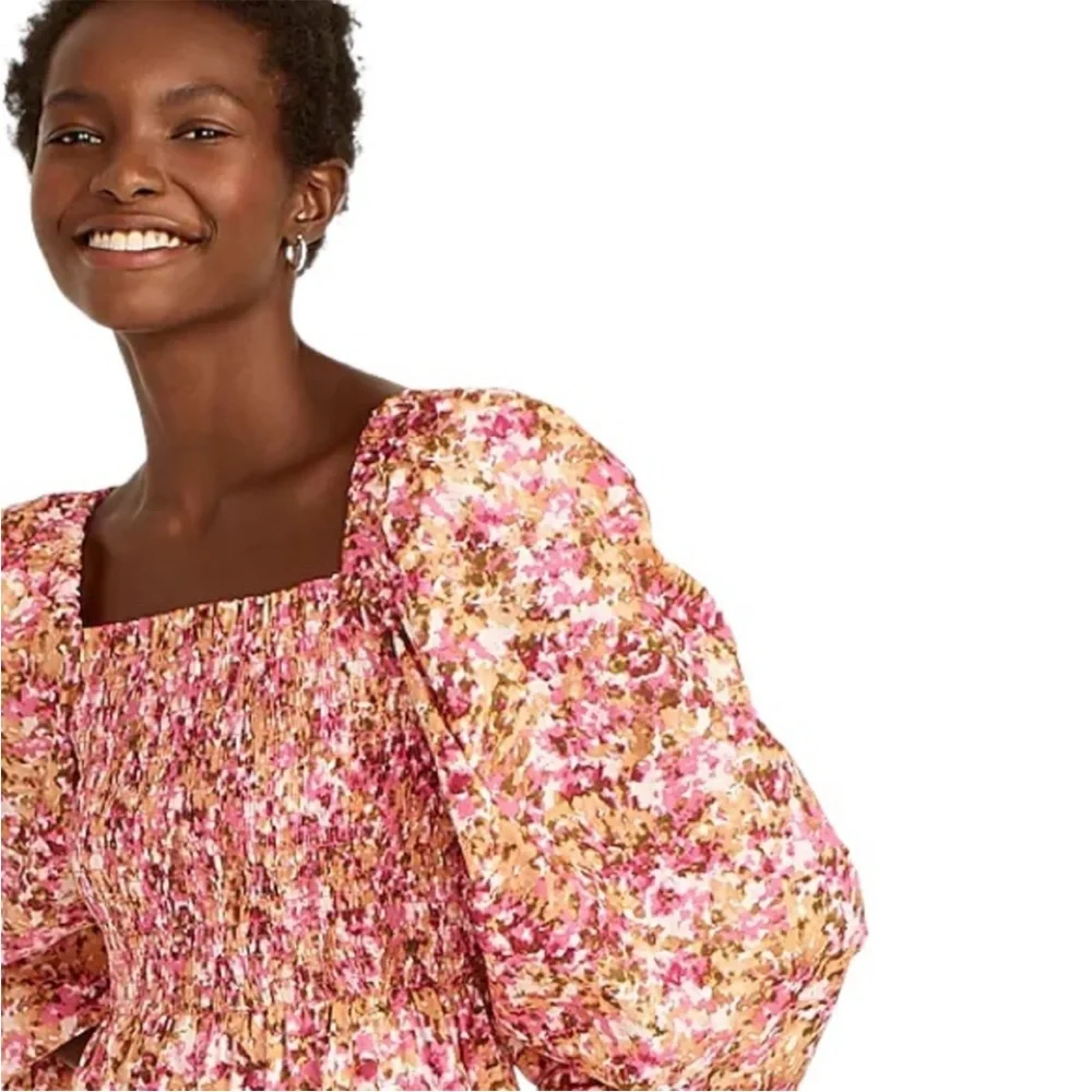 J. Crew Smocked Puff-Sleeve Dress in Pink Faded Floral Size Small NWT